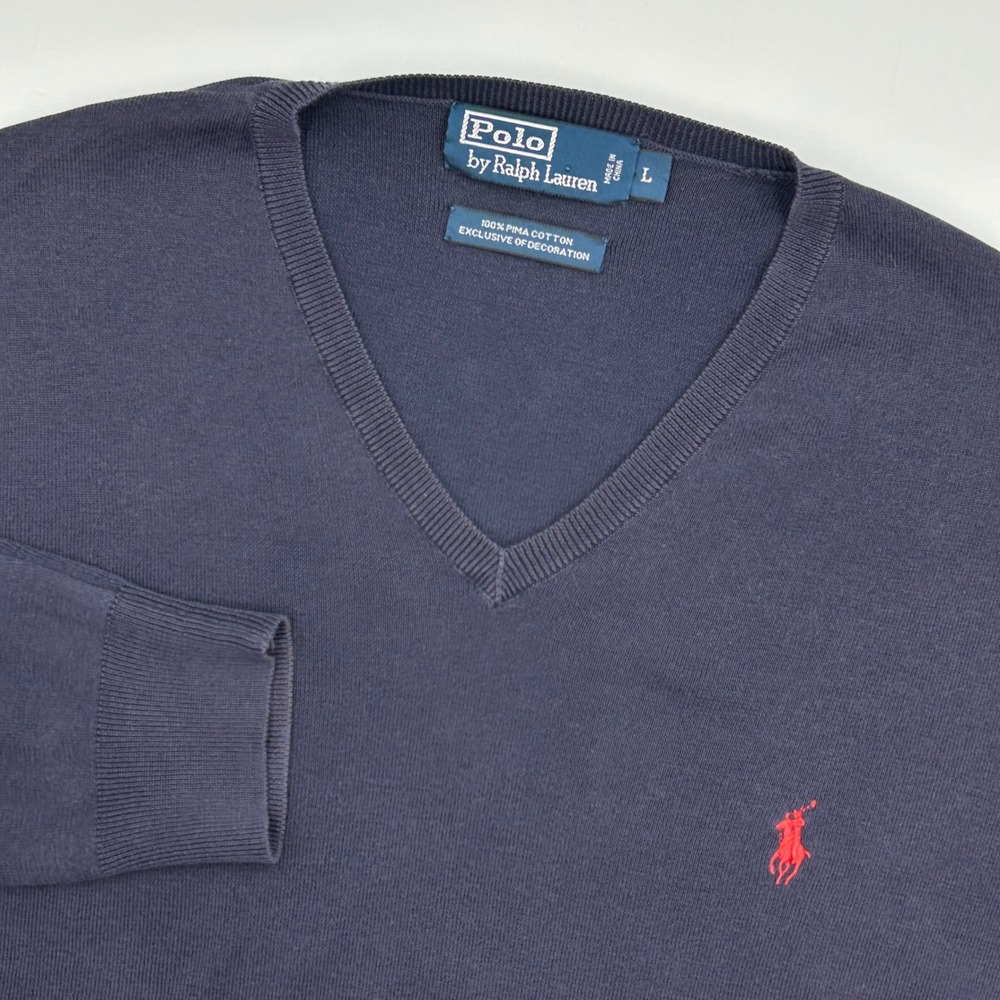 VTG Polo Ralph Lauren Mens V Neck Sweater Large Red Logo‎ Navy Blue Pima Cotton